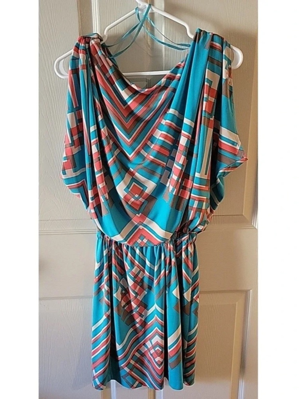 Jessica Simpson Blouson Dress Turquoise, orange and Cream Geometric Print